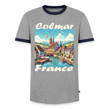 Vieille ville de Colmar, port et canal de style colonial - T-shirt contrasté Homme - gris/marine  - Devant - AI Model Female 172 light (172cm) & AI Model Male 178 light (178cm)