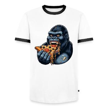 Gorilla Pizza Lover Funny Design - Men's Ringer Shirt - white/black - Front - AI Model Female 172 light (172cm) & AI Model Male 178 dark (178cm)