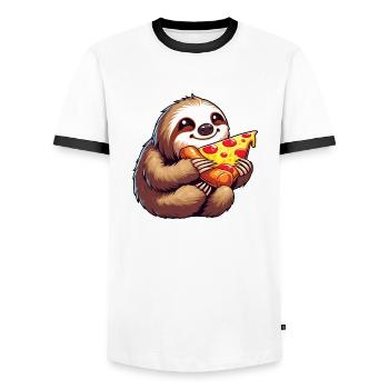 Sloth enjoying pizza fast food lover - Men's Ringer Shirt - white/black - Front - AI Model Female 172 light (172cm) & AI Model Male 178 dark (178cm)