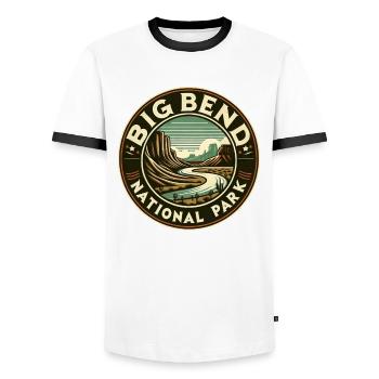 Big Bend National Park Vintage Round Mountains - Men's Ringer Shirt - white/black - Front - AI Model Female 172 light (172cm) & AI Model Male 178 dark (178cm)