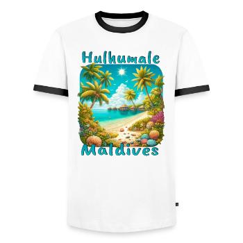 Hulhumale Maldives Summer Beach Sun Vacation - Men's Ringer Shirt - white/black - Front - AI Model Female 172 light (172cm) & AI Model Male 178 dark (178cm)