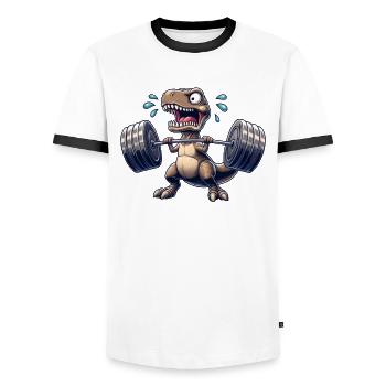 T-Rex Dino Haltères Haltérophilie Entraînement Fitness - T-shirt contrasté Homme - blanc/noir - Devant - AI Model Female 172 light (172cm) & AI Model Male 178 dark (178cm)