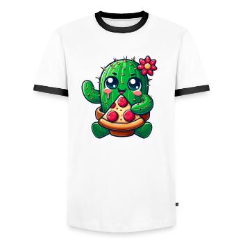 Funny Cactus Loves Pizza Cute Comic - Men's Ringer Shirt - white/black - Front - AI Model Female 172 light (172cm) & AI Model Male 178 dark (178cm)