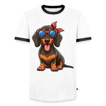 Cooler Dackel mit Sonnenbrille und Haarschleife - Männer Kontrast-T-Shirt - Weiß/Schwarz - Vorne - AI Model Female 172 light (172cm) & AI Model Male 178 dark (178cm)