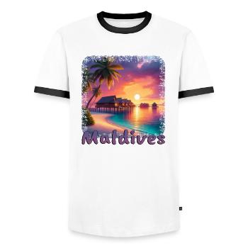 Holiday Maldives Beach Sunset Palm Trees - Men's Ringer Shirt - white/black - Front - AI Model Female 172 light (172cm) & AI Model Male 178 dark (178cm)