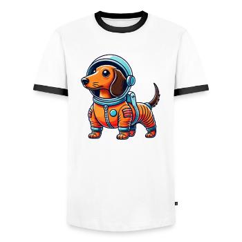 Dachshund Astronaut Space Science Fiction - Men's Ringer Shirt - white/black - Front - AI Model Female 172 light (172cm) & AI Model Male 178 dark (178cm)