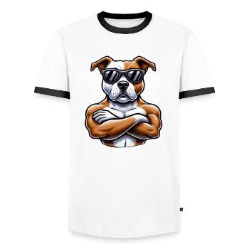 Cool Dog Pitbull Sunglasses Cartoon Style - Men's Ringer Shirt - white/black - Front - AI Model Female 172 light (172cm) & AI Model Male 178 dark (178cm)