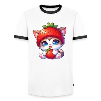 Chat au chapeau de fraise Doux fruité Fantaisiste - T-shirt contrasté Homme - blanc/noir - Devant - AI Model Female 172 light (172cm) & AI Model Male 178 dark (178cm)