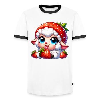 Cute Sheep Lamb Strawberry Fruit Hat Whimsical - Men's Ringer Shirt - white/black - Front - AI Model Female 172 light (172cm) & AI Model Male 178 dark (178cm)