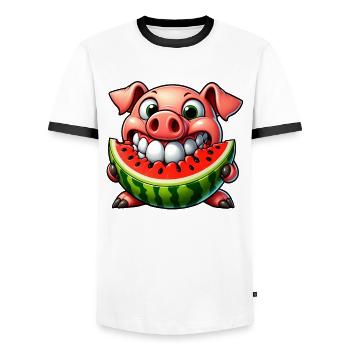 Whimsical Pig with Watermelon Joy and - Men's Ringer Shirt - white/black - Front - AI Model Female 172 light (172cm) & AI Model Male 178 dark (178cm)