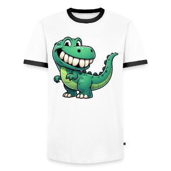 Cute T-Rex cartoon shy grinning - Men's Ringer Shirt - white/black - Front - AI Model Female 172 light (172cm) & AI Model Male 178 dark (178cm)