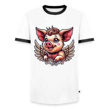 Pig Angel Wings Halo Ornaments - Men's Ringer Shirt - white/black - Front - AI Model Female 172 light (172cm) & AI Model Male 178 dark (178cm)