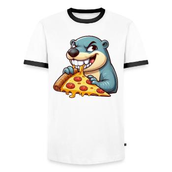 mignonne hyène se balançant terrain de jeu dessin animé - T-shirt contrasté Homme - blanc/noir - Devant - AI Model Female 172 light (172cm) & AI Model Male 178 dark (178cm)
