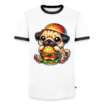 Cute Dog Pug Hamburger Cheeseburger Fast Food - Men's Ringer Shirt - white/black - Front - AI Model Female 172 light (172cm) & AI Model Male 178 dark (178cm)