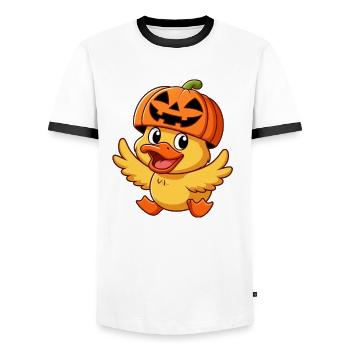 Halloween canard émeu citrouille drôle dessin animé chapeau de citrouille - T-shirt contrasté Homme - blanc/noir - Devant - AI Model Female 172 light (172cm) & AI Model Male 178 dark (178cm)