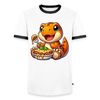 Dino Dinosaur T-Rex Lasagna Italian Food - Men's Ringer Shirt - white/black - Front - AI Model Female 172 light (172cm) & AI Model Male 178 dark (178cm)