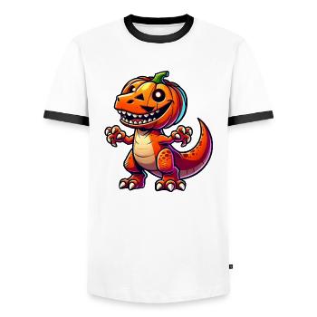 Funny Halloween T-Rex Dinosaur Comic - Men's Ringer Shirt - white/black - Front - AI Model Female 172 light (172cm) & AI Model Male 178 dark (178cm)