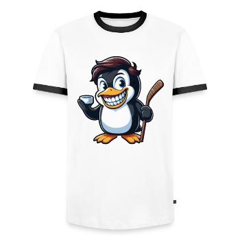 Lustiger Pinguin Eishockey Cartoon Spieler - Männer Kontrast-T-Shirt - Weiß/Schwarz - Vorne - AI Model Female 172 light (172cm) & AI Model Male 178 dark (178cm)