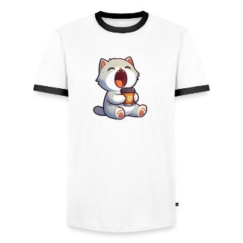 Cute Cat Cartoon Coffee Coffee Lover Morgenmu - Men's Ringer Shirt - white/black - Front - AI Model Female 172 light (172cm) & AI Model Male 178 dark (178cm)