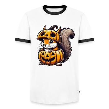 Cute Halloween Squirrel Pumpkin Cartoon - Men's Ringer Shirt - white/black - Front - AI Model Female 172 light (172cm) & AI Model Male 178 dark (178cm)