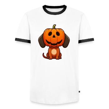 Süßer Dackel Hund Kürbis Halloween Cartoon - Männer Kontrast-T-Shirt - Weiß/Schwarz - Vorne - AI Model Female 172 light (172cm) & AI Model Male 178 dark (178cm)