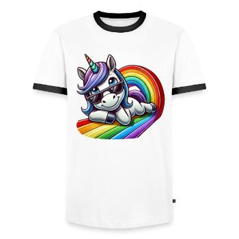 Cooles Einhorn Regenbogen Wellen reiten relaxen - Männer Kontrast-T-Shirt - Weiß/Schwarz - Vorne - AI Model Female 172 light (172cm) & AI Model Male 178 dark (178cm)