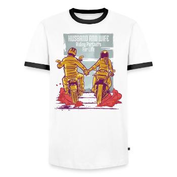 Mari &femme partenaires d’équitation pour la vie - T-shirt contrasté Homme - blanc/noir - Devant - AI Model Female 172 light (172cm) & AI Model Male 178 dark (178cm)