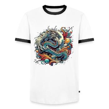 Mystical Dragon in Colorful Abstract Swirls - Men's Ringer Shirt - white/black - Front - AI Model Female 172 light (172cm) & AI Model Male 178 dark (178cm)