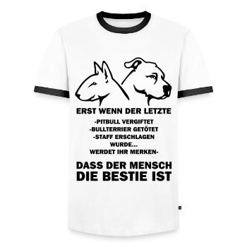 351 Der Mensch ist die Bestie uni - Männer Kontrast-T-Shirt - Weiß/Schwarz - Vorne - AI Model Female 172 light (172cm) & AI Model Male 178 dark (178cm)