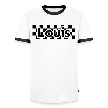Damier Texte Prénom Homme Nom Louis - T-shirt contrasté Homme - blanc/noir - Devant - AI Model Female 172 light (172cm) & AI Model Male 178 dark (178cm)