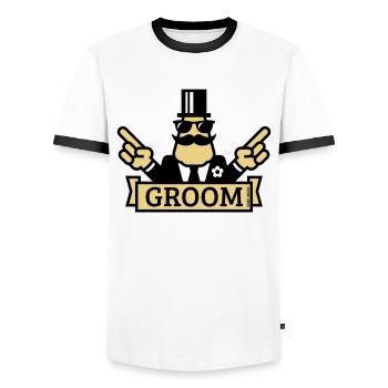 Pointing Groom (Stag Night / Bachelor Party / 2C) - Men's Ringer Shirt - white/black - Front - AI Model Female 172 light (172cm) & AI Model Male 178 dark (178cm)