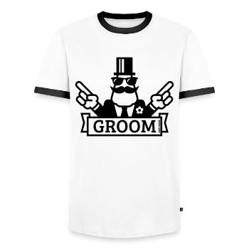 Pointing Groom (Stag Night / Bachelor Party / 1C) - Men's Ringer Shirt - white/black - Front - AI Model Female 172 light (172cm) & AI Model Male 178 dark (178cm)
