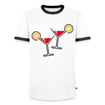 2 Cocktail Glasses / Martini / Cheers + (Red) - Men's Ringer Shirt - white/black - Front - AI Model Female 172 light (172cm) & AI Model Male 178 dark (178cm)