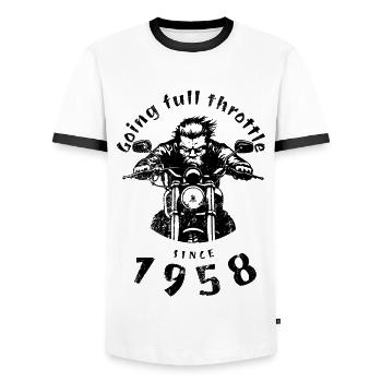 66. Anniversaire : Plein régime depuis 1958 - T-shirt contrasté Homme - blanc/noir - Devant - AI Model Female 172 light (172cm) & AI Model Male 178 dark (178cm)