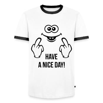 Smiling Face – Have A Nice Day! (Stinkefinger) - Männer Kontrast-T-Shirt - Weiß/Schwarz - Vorne - AI Model Female 172 light (172cm) & AI Model Male 178 dark (178cm)