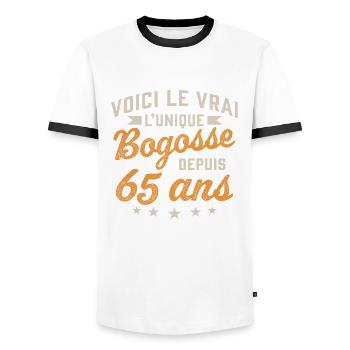Voici le vrai l'unique bogosse depuis 65 ans - T-shirt contrasté Homme - blanc/noir - Devant - AI Model Female 172 light (172cm) & AI Model Male 178 dark (178cm)