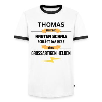 Thomas unter harte Schale eines Großartigen Helden - Männer Kontrast-T-Shirt - Weiß/Schwarz - Vorne - AI Model Female 172 light (172cm) & AI Model Male 178 dark (178cm)