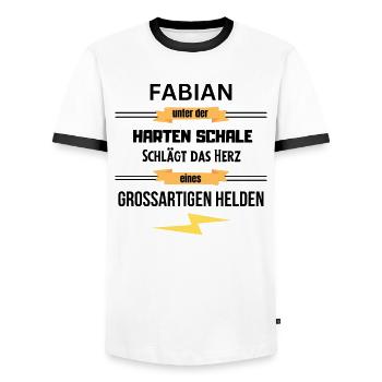 Fabian unter harte Schale eines Großartigen Helden - Männer Kontrast-T-Shirt - Weiß/Schwarz - Vorne - AI Model Female 172 light (172cm) & AI Model Male 178 dark (178cm)