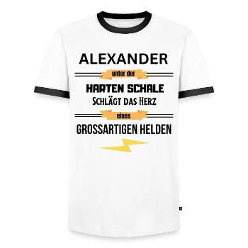Alexander unter harte Schale eines Großartigen Hel - Männer Kontrast-T-Shirt - Weiß/Schwarz - Vorne - AI Model Female 172 light (172cm) & AI Model Male 178 dark (178cm)