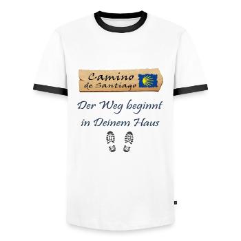 Jakobsweg - Männer Kontrast-T-Shirt - Weiß/Schwarz - Vorne - AI Model Female 172 light (172cm) & AI Model Male 178 dark (178cm)