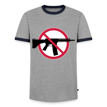 Gun Ban Ban Shield (No Weapons Peace) 3C - Men's Ringer Shirt - grey/navy  - Front - AI Model Female 172 light (172cm) & AI Model Male 178 light (178cm)