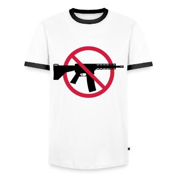 Gun Ban Ban Shield (No Weapons Peace) 3C - Men's Ringer Shirt - white/black - Front - AI Model Female 172 light (172cm) & AI Model Male 178 dark (178cm)