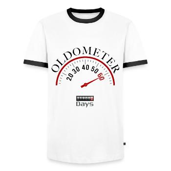 Oldometer 60th birthday - Men's Ringer Shirt - white/black - Front - AI Model Female 172 light (172cm) & AI Model Male 178 dark (178cm)