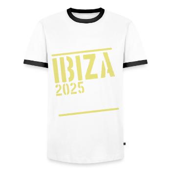 Ibiza 2025 Crew - Men's Ringer Shirt - white/black - Front - AI Model Female 172 light (172cm) & AI Model Male 178 dark (178cm)