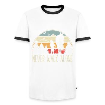 Horse - Never walk alone - faithful companion - Men's Ringer Shirt - white/black - Front - AI Model Female 172 light (172cm) & AI Model Male 178 dark (178cm)
