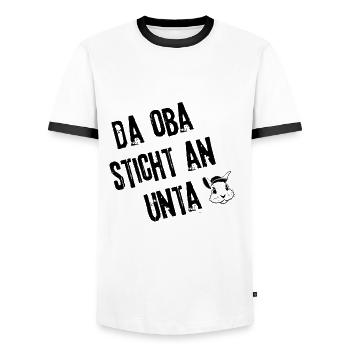 ObaStichtUnta | Redewendung - Männer Kontrast-T-Shirt - Weiß/Schwarz - Vorne - AI Model Female 172 light (172cm) & AI Model Male 178 dark (178cm)