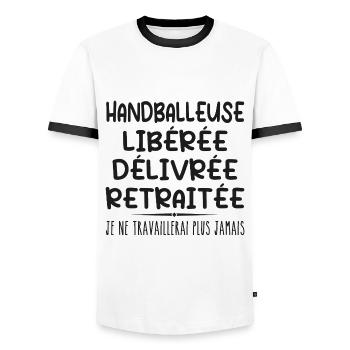 Handballerin feiert ihren Rücktritt mit Humor cadea - Männer Kontrast-T-Shirt - Weiß/Schwarz - Vorne - AI Model Female 172 light (172cm) & AI Model Male 178 dark (178cm)
