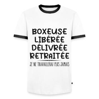 Boxer celebrates retirement with humor gift - Men's Ringer Shirt - white/black - Front - AI Model Female 172 light (172cm) & AI Model Male 178 dark (178cm)