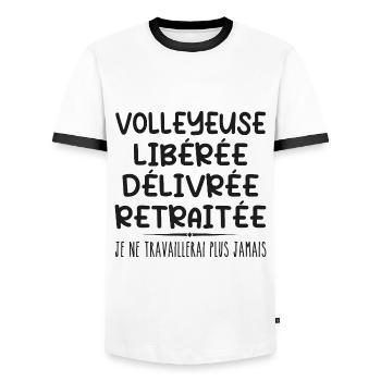Volleyball player celebrates her retirement with humor gift - Men's Ringer Shirt - white/black - Front - AI Model Female 172 light (172cm) & AI Model Male 178 dark (178cm)