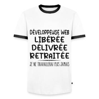 Web Developer Celebrates Retirement with Humor - Men's Ringer Shirt - white/black - Front - AI Model Female 172 light (172cm) & AI Model Male 178 dark (178cm)